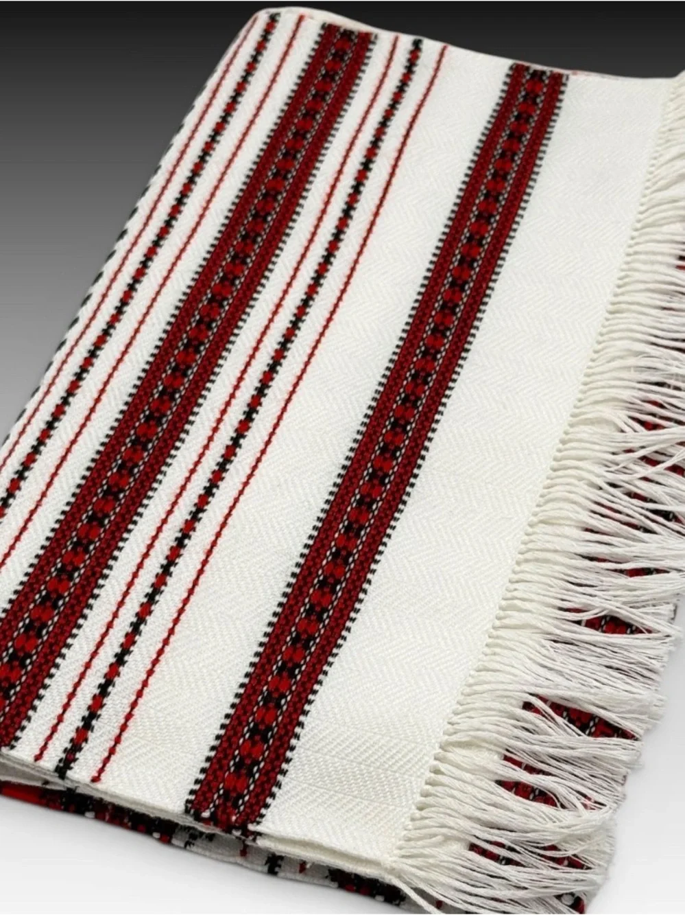 Vintage Ukranian Folk Art Handwoven Red & Black Patterned Fringe Runner
